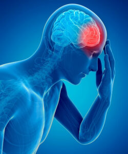 Illustration of a person holding their head with a highlighted brain area, representing headaches linked with functional neurological disorder