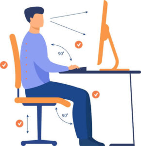 Illustration showing an ideal ergonomic desk setup, with 90-degree angles at elbows and knees, screen at eye level, and spine aligned to prevent neck strain and headaches.