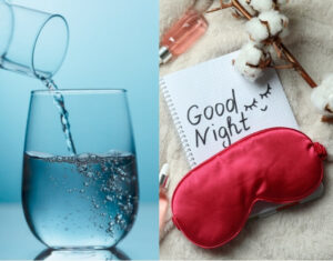 Visual representation of sleep and hydration as important recovery tips for whiplash headaches.